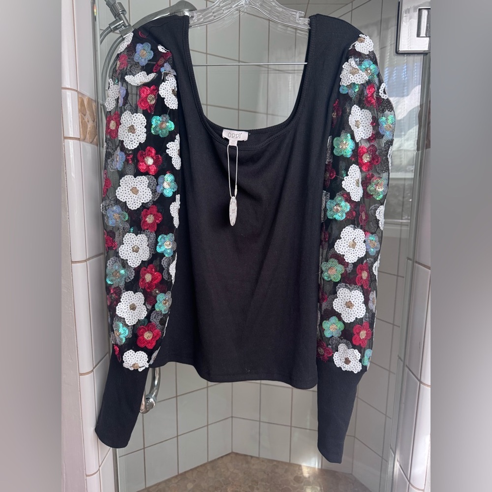 Oddi Black Floral Sequin Women's Top size 2x